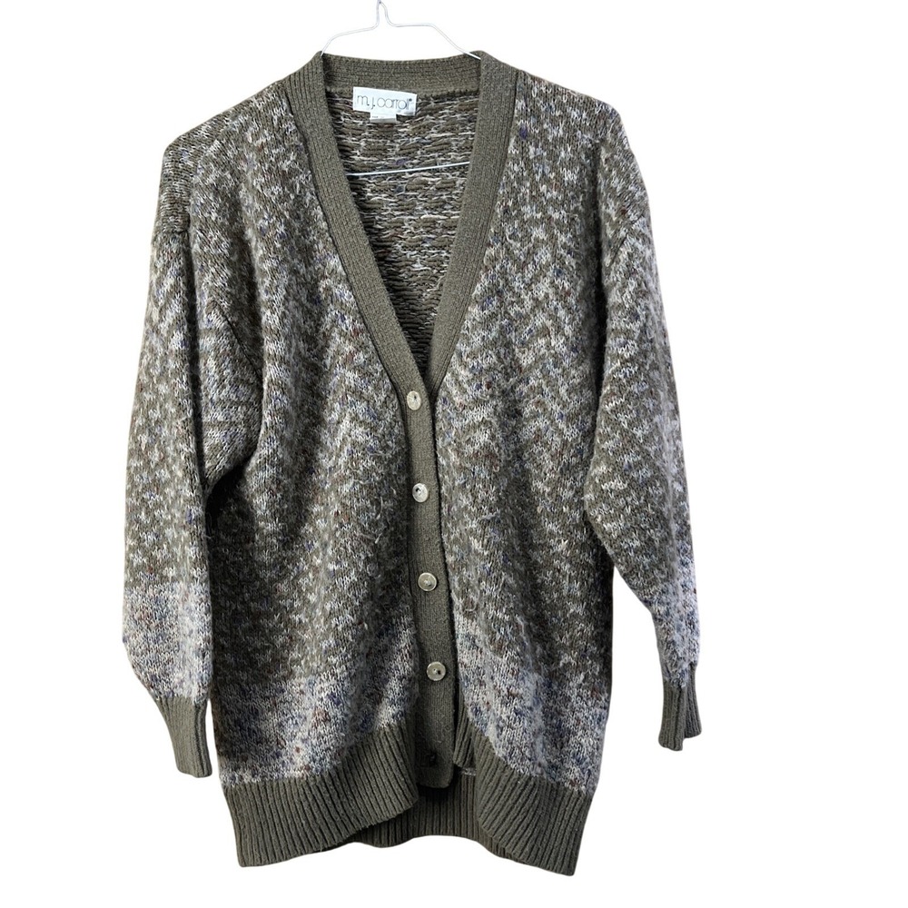 M.J. Carroll Cardigan Women Large Olive Green Vintage Chevron Knit Wool Blend